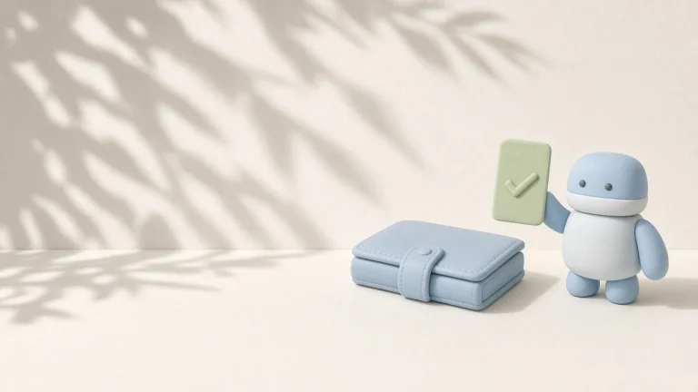 AI agent security cover: a small clay robot holds one light green card with a check mark while a pale blue wallet stays clasped shut