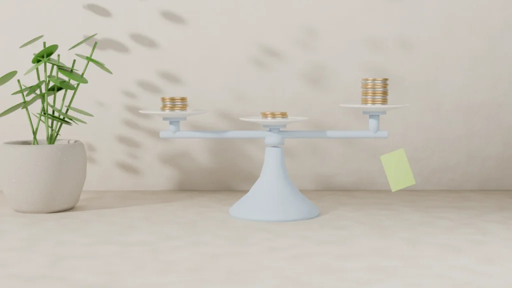 A pale blue balance holding three coin stacks of different heights, like comparing AI subscription prices