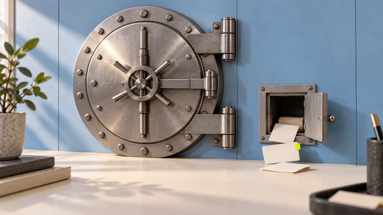 ARTEX concept illustration: a closed bank vault beside a small office hatch with customer files slipping out.