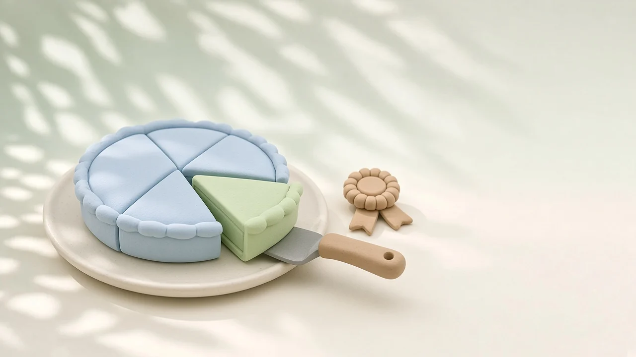 Artificial Analysis Intelligence Index explained: a pale blue clay pie on a plate with one green slice lifted by a cake server, a small clay ribbon rosette, soft light and leaf shadows