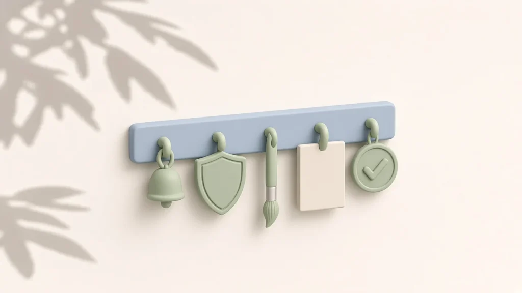 Claude Code hooks cover: a pale blue clay wall rail with five light green hooks, each holding one job: a bell, a shield, a brush, a notepad and a check badge