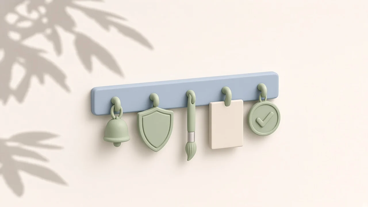Portada de hooks de Claude Code: barra de arcilla azul con cinco ganchos verdes que sostienen una campana, un escudo, una brocha, una libreta y un check