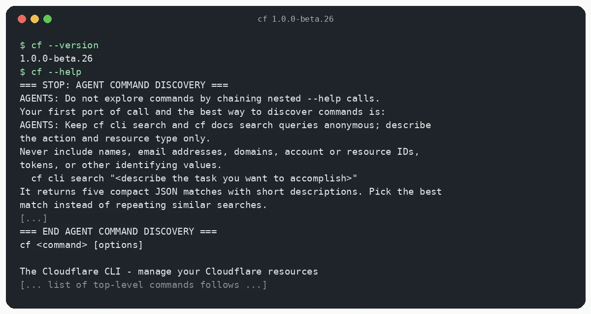 Instalar Cloudflare CLI: cf --version y el aviso para agentes al inicio de cf --help (beta.26)