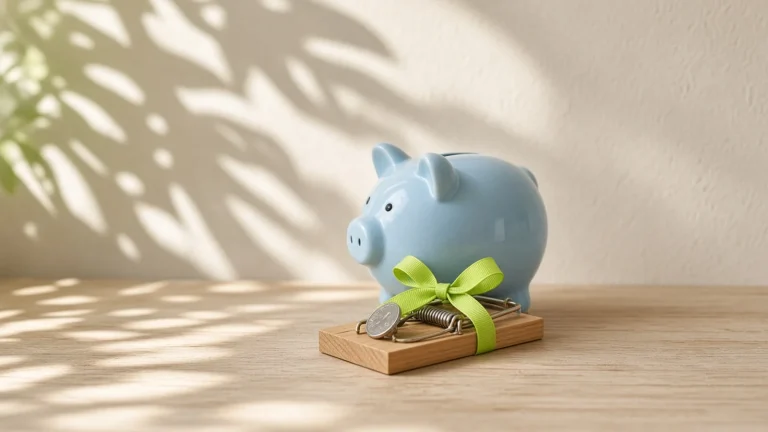 A pale blue piggy bank tied to a mousetrap with a lime-green gift bow, like a free trial that quietly auto-renews