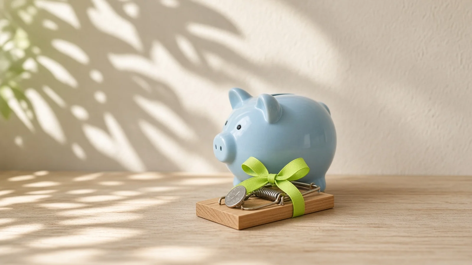 A pale blue piggy bank tied to a mousetrap with a lime-green gift bow, like a free trial that quietly auto-renews