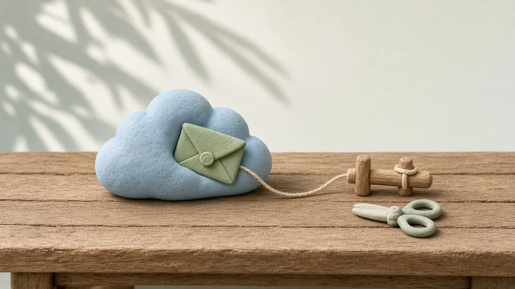 ChatGPT iCloud Mail: a pale blue clay cloud holding a green envelope, tied by a thread to a small wooden latch with clay scissors beside it, soft light and leaf shadows