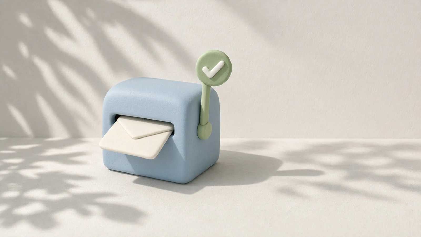 ChatGPT Plus with PayPal and payment not approved: a pale blue clay mailbox with a card-shaped envelope going in and a green check flag raised, in soft light with leaf shadows