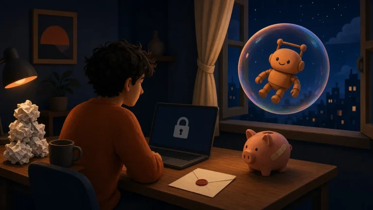 Claude account banned illustration: a person at a laptop showing a lock while a robot assistant floats away in a bubble