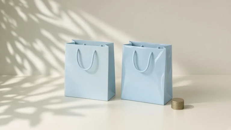 Precio de Claude en App Store con recargo: dos bolsas azules iguales, una envuelta en plástico brillante y con una pila de monedas al lado