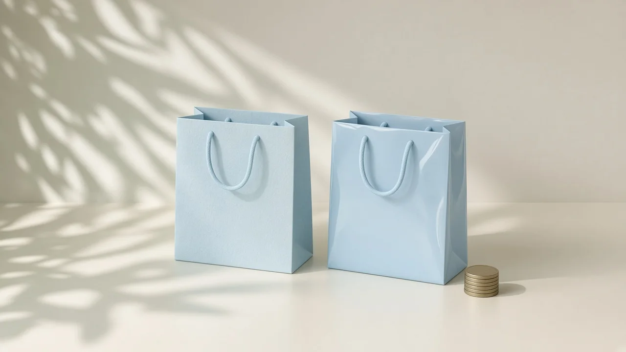 Precio de Claude en App Store con recargo: dos bolsas azules iguales, una envuelta en plástico brillante y con una pila de monedas al lado