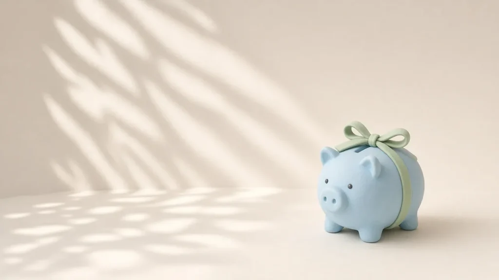 Claude Code monthly spend limit: a small clay piggy bank with a coin, soft light and leaf shadows