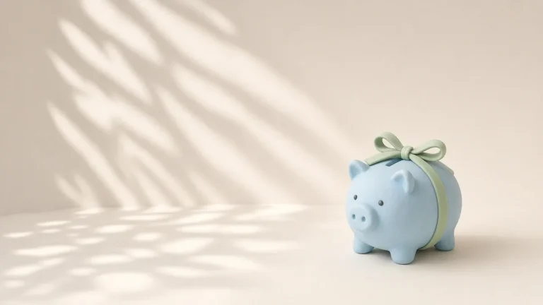 Claude Code monthly spend limit: a small clay piggy bank with a coin, soft light and leaf shadows