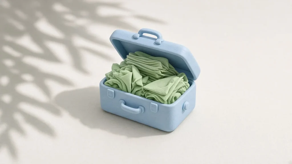 Claude Code Prompt is too long: a small pale blue clay suitcase lying open and overfilled with green folded clothes, soft light and leaf shadows