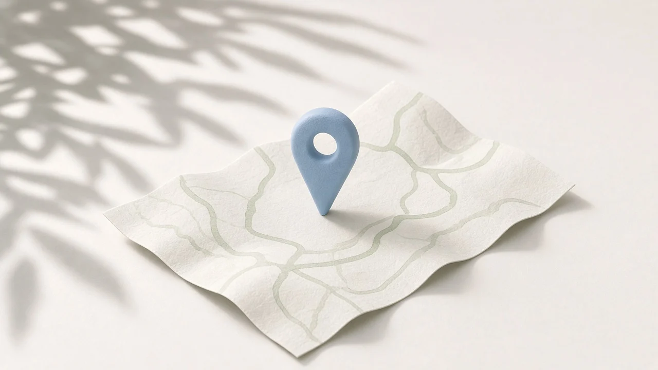 Claude Code settings.json location: a soft blue map pin standing on a folded pale paper map