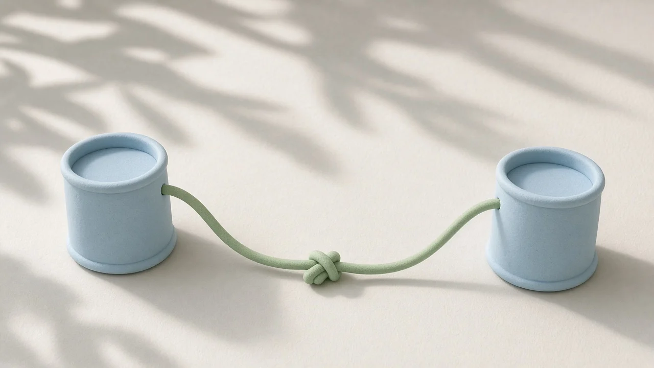 Claude Code Unable to connect to API: dos teléfonos de lata de arcilla azul claro unidos por un hilo verde con un nudo en el centro, luz suave y sombras de hojas
