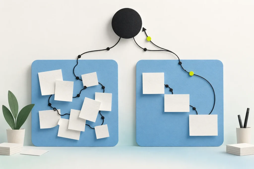 One black circular core connects to two pale blue workspaces: scattered clues on one side and organized feedback on the other.