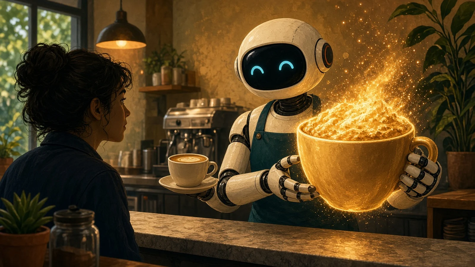 Claude Pro vs Max como un barista robot que ofrece un café pequeño y una taza enorme y brillante a una clienta que duda cuál pagar