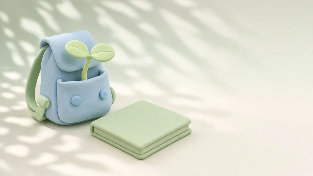Claude student discount: a pale blue clay school backpack with a green seedling sprouting from its pocket next to a green clay notebook, soft light and leaf shadows