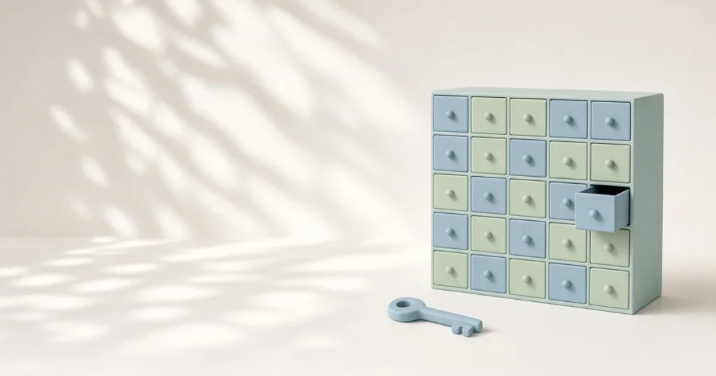 Cloudflare cf CLI tutorial: one pale blue key beside a small cabinet of many drawers