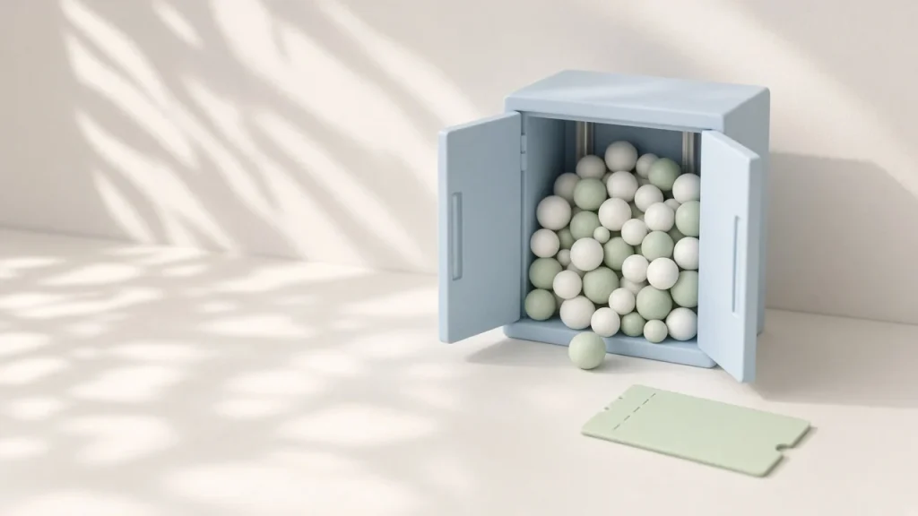 Selected model is at capacity: a small pale blue elevator packed full of balls next to an unused green ticket