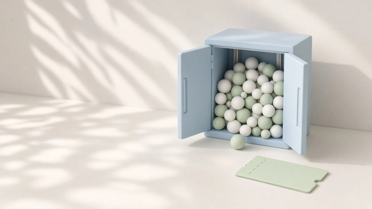 Selected model is at capacity: a small pale blue elevator packed full of balls next to an unused green ticket