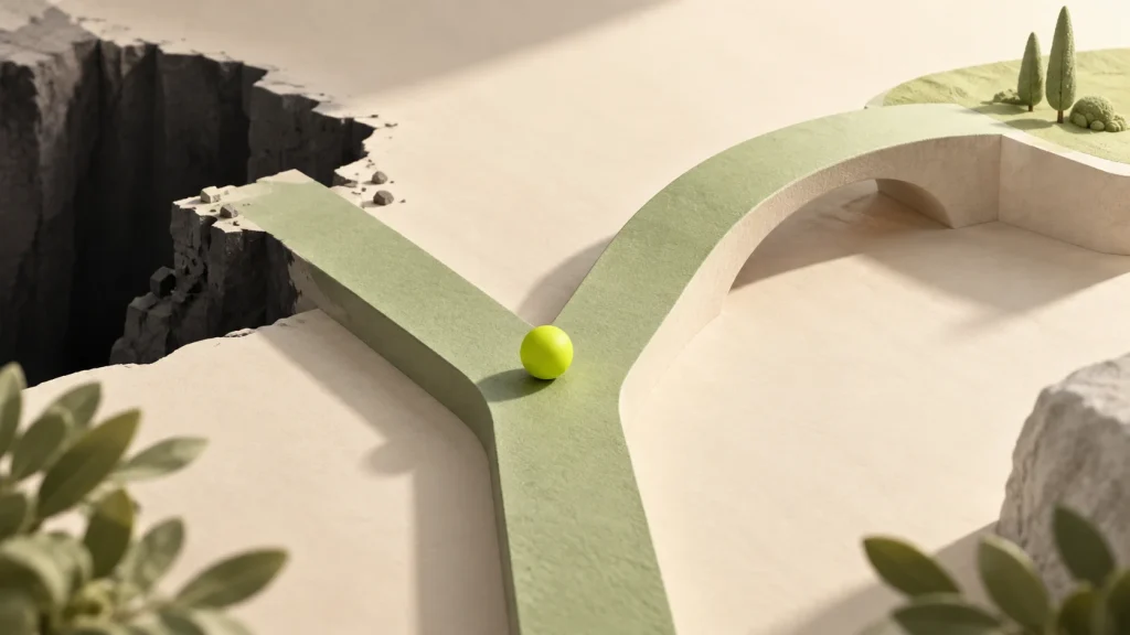 A green ball waits at a fork: one branch ends at a cliff, while the other continues across a bridge.