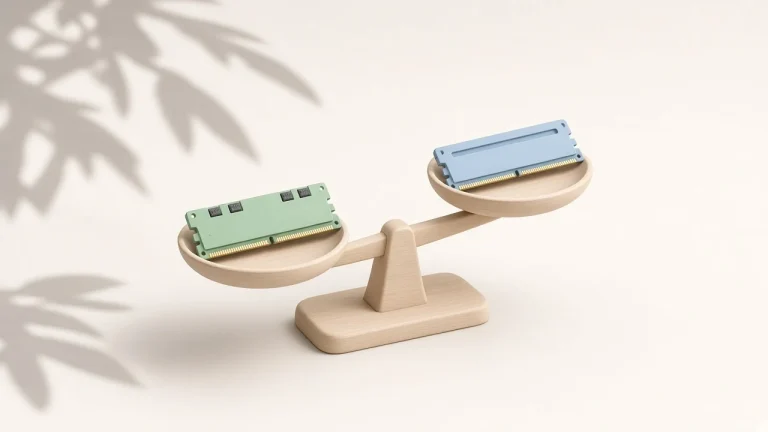 Is DDR4 more expensive than DDR5 now: a pale wood balance scale with an older green DDR4 stick sinking lower than a blue DDR5 stick