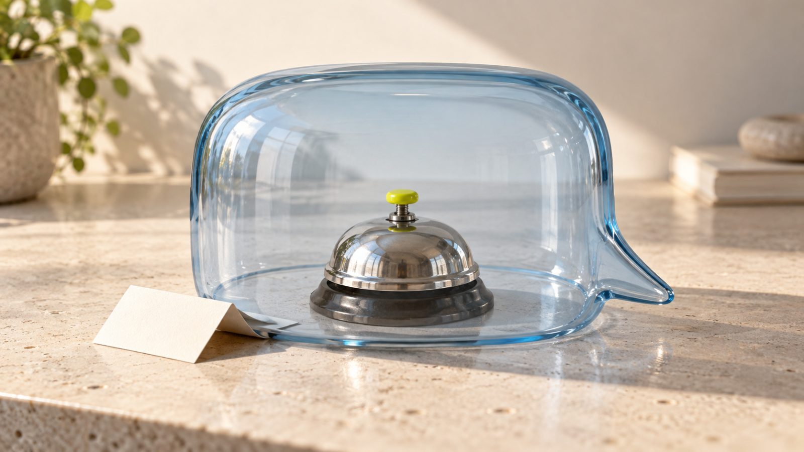AI decision models cover: a service bell beneath a transparent blue speech-bubble dome, with its button visible but out of reach.