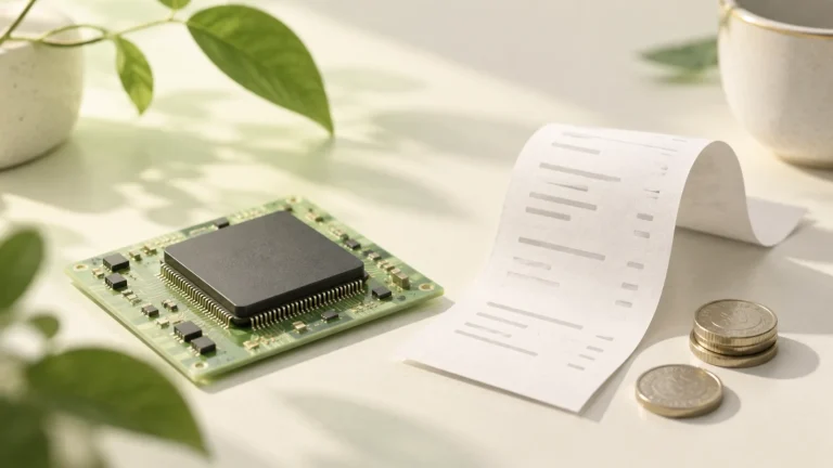 Concept illustration for DeepSeek Ascend pricing: a chip on a green circuit board beside a receipt and coins
