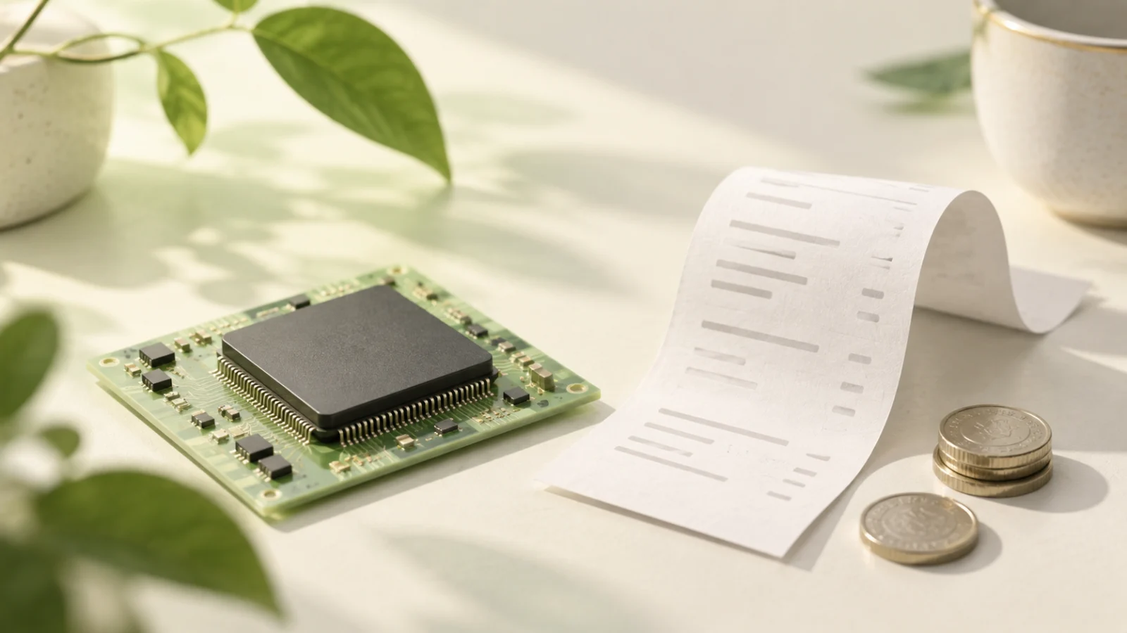 Concept illustration for DeepSeek Ascend pricing: a chip on a green circuit board beside a receipt and coins