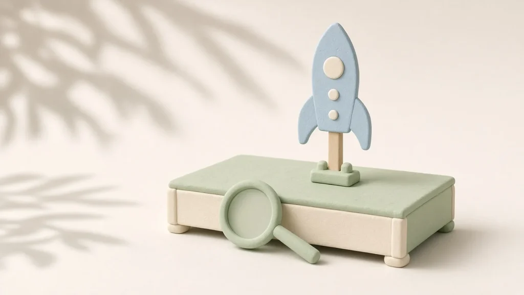 DeepSeek V5 release date rumor: a pale blue clay rocket that is only a flat cutout on a small stage, with a green magnifying glass beside it, in soft light with leaf shadows