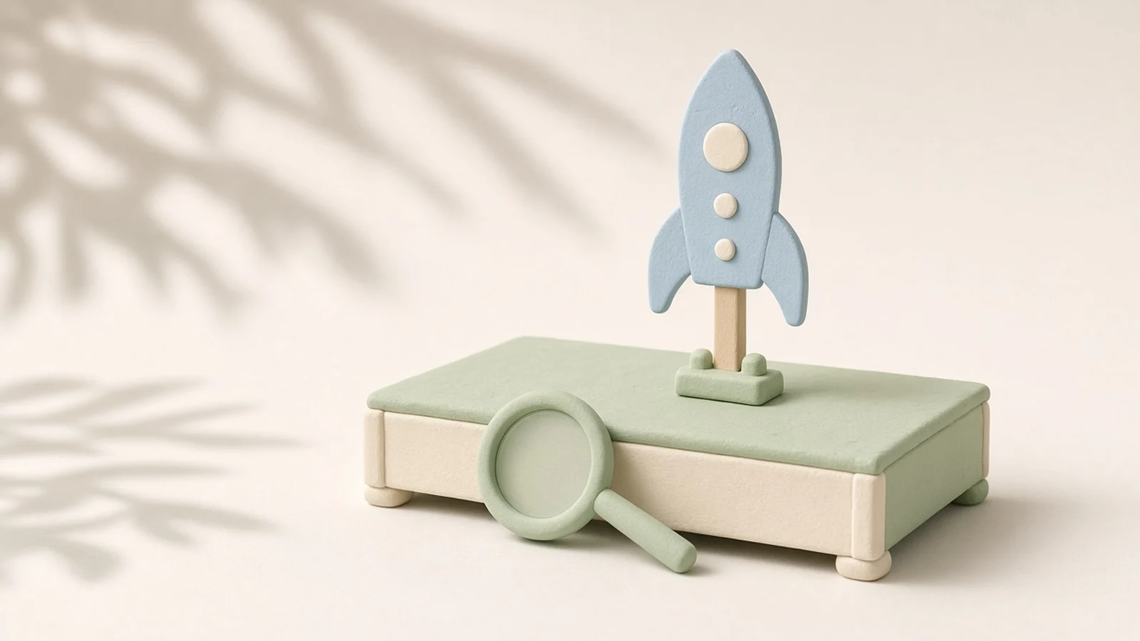 DeepSeek V5 release date rumor: a pale blue clay rocket that is only a flat cutout on a small stage, with a green magnifying glass beside it, in soft light with leaf shadows