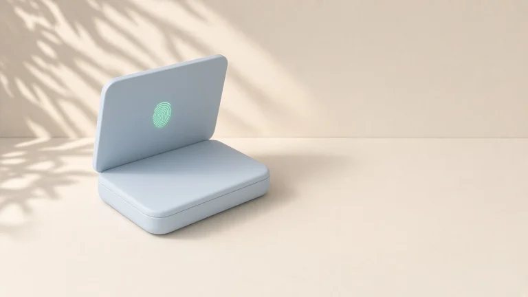 Touch screen MacBook Pro: a small pale blue laptop with a single green fingerprint glowing in the middle of its screen