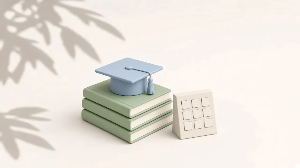 Google AI Pro student offer cover: a pale blue graduation cap on a stack of green notebooks next to a small desk calendar, a free study year with a date to watch