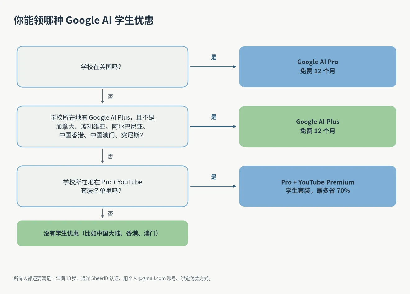 Google AI Pro 学生认证决策图：学校在美国领 Pro，在符合条件的 Plus 市场领 Plus，在套装名单里可以买 Pro 加 YouTube 学生套装