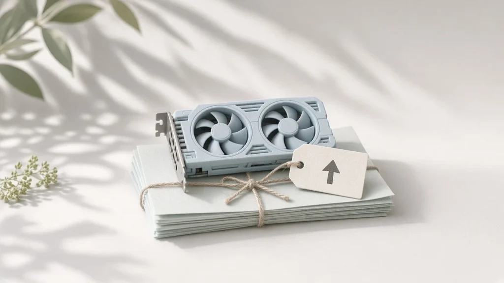 GPU rental prices: a small graphics card with a rising price tag sitting on a tied stack of IOU notes