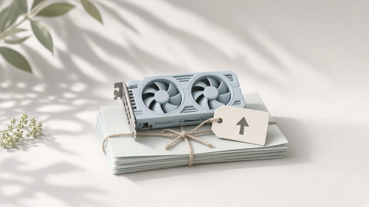 Alquiler de GPU: una tarjeta gráfica pequeña con una etiqueta de precio al alza sobre un montón de pagarés
