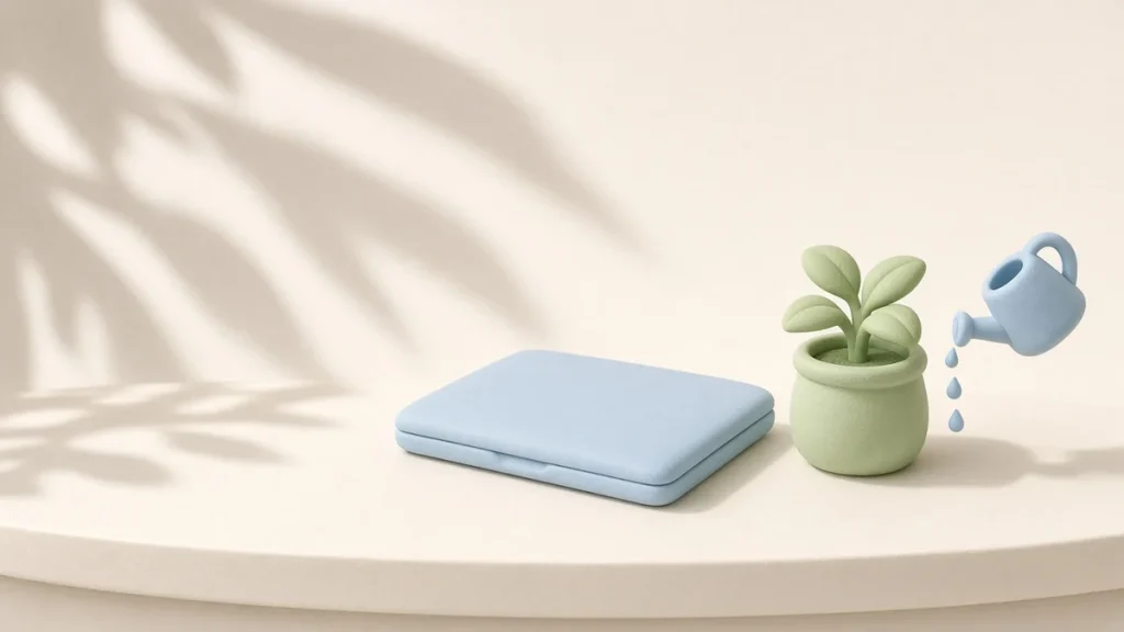 Grok Bot keeps working after you close the laptop: a closed pale blue clay laptop beside a seedling that a small clay watering can keeps watering by itself