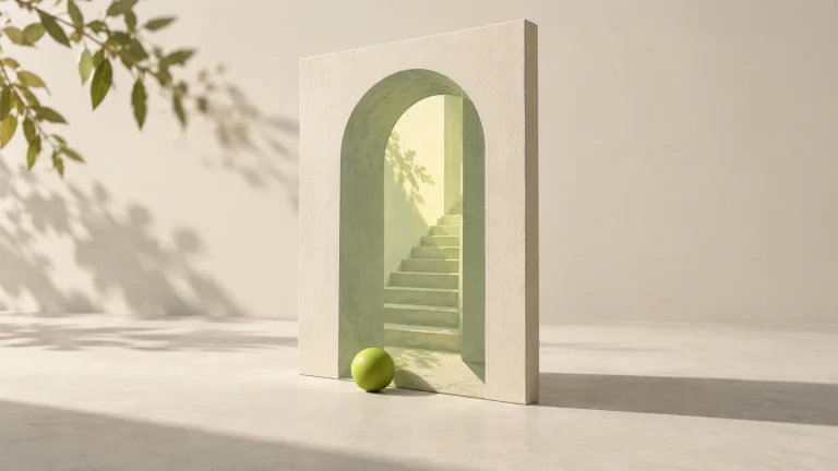 A lime-green ball rests before a doorway and stairs painted on a thin, flat panel.