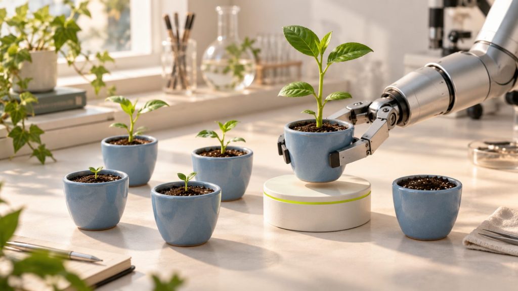 InnovationEval concept illustration: a robot gripper presents the tallest seedling while the other experimental pots remain on the bench.