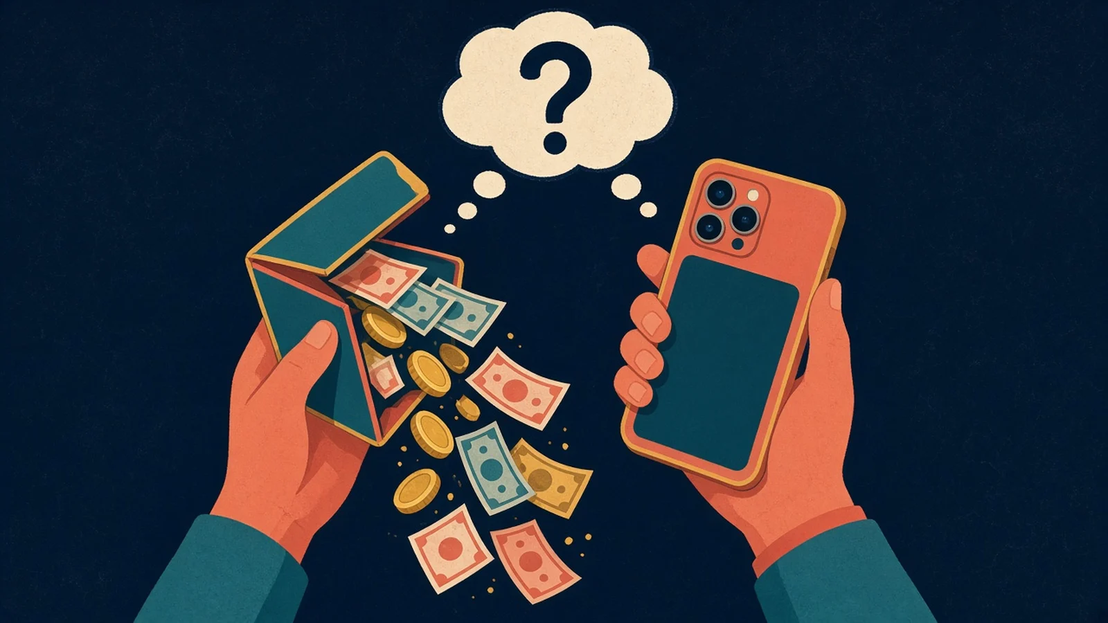 iPhone Duo vs iPhone 18 Pro Max cartoon: one hand holds a foldable that empties like a wallet, the other a classic slab phone