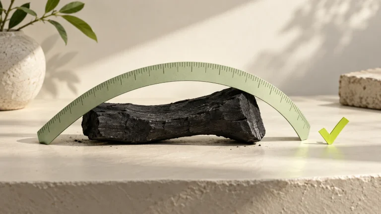 A curved green ruler follows an irregular piece of charcoal, beside a lime-green check mark.