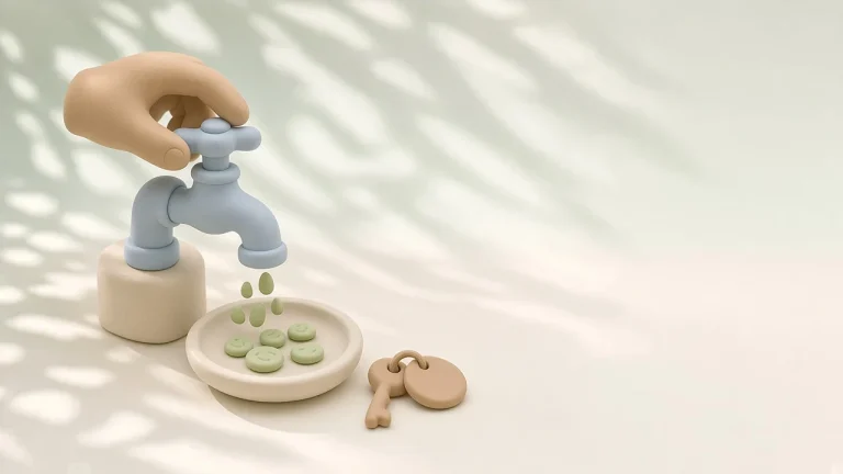 Leaked API key, what to do: a clay hand shutting off a pale blue clay faucet that drips green coins into a dish, a new clay key beside it, soft light and leaf shadows