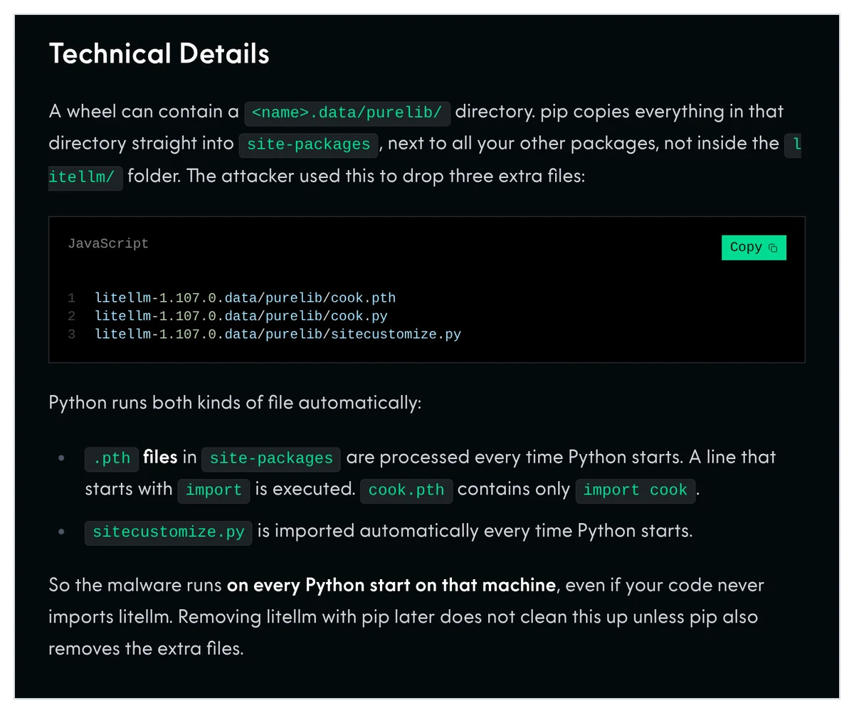 AISLE's technical section showing cook.pth, cook.py and sitecustomize.py in the 1.107.0 wheel, the core trick of the LiteLLM supply chain attack