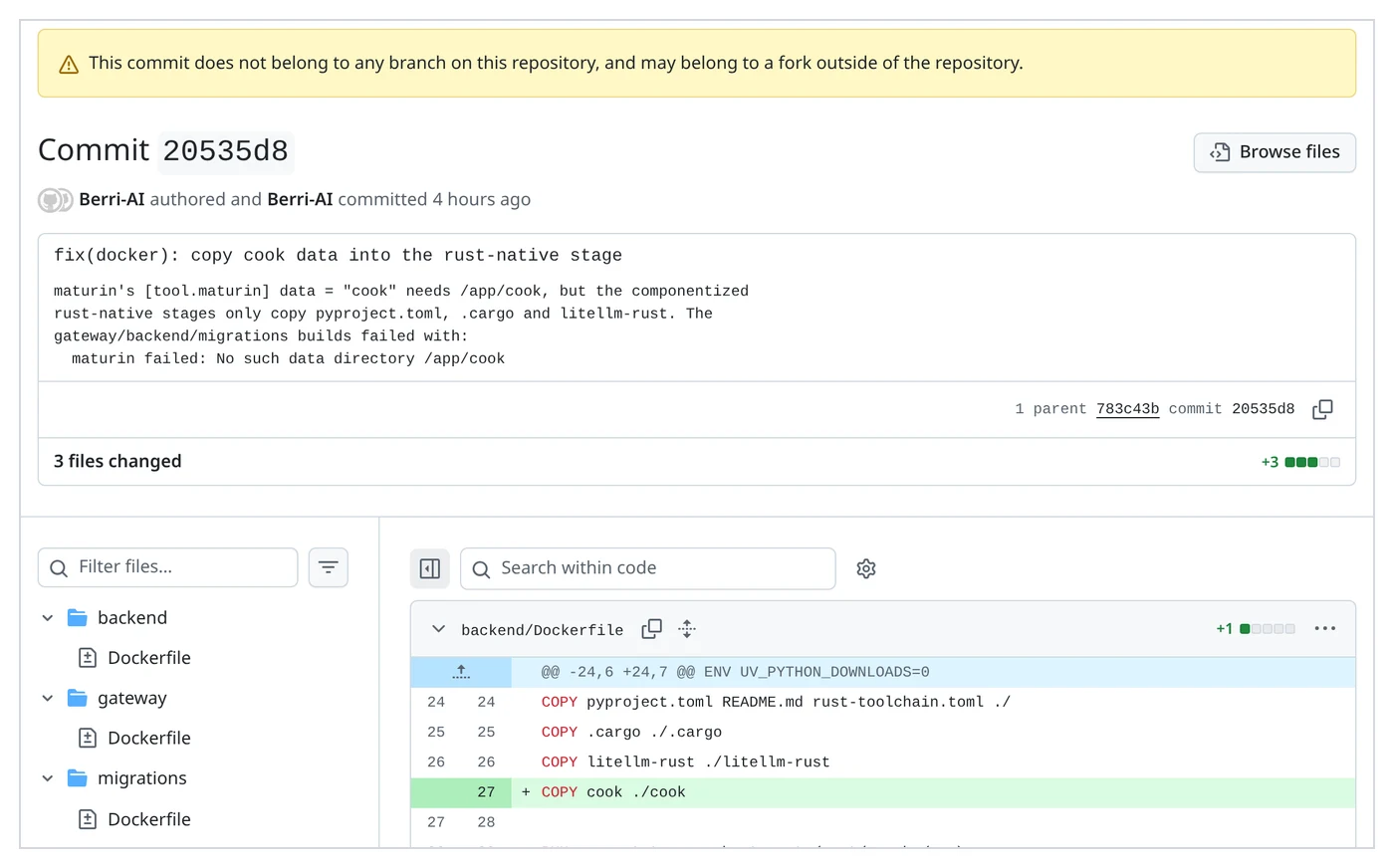 Attacker commit 20535d8f, not on any branch, quoting a Docker build error: evidence in the LiteLLM supply chain attack