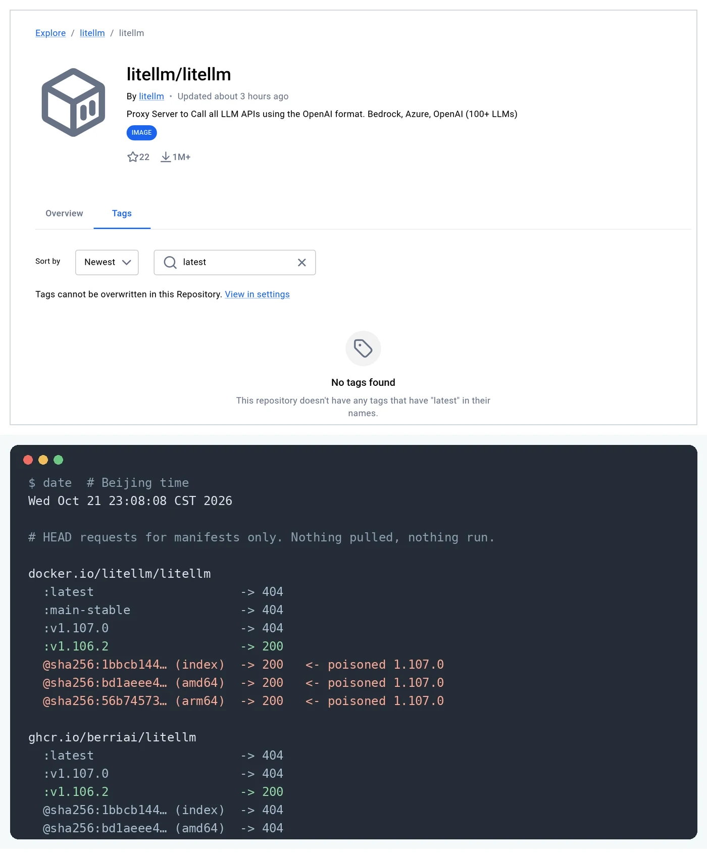 Docker Hub shows no latest tag for litellm/litellm, while a registry test shows the poisoned 1.107.0 digest still returning 200 after the LiteLLM supply chain attack