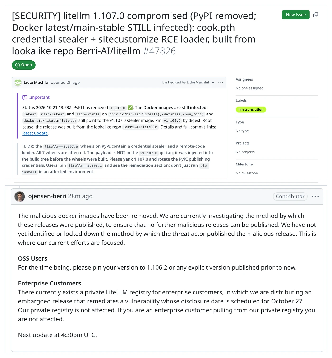 GitHub issue #47826 header and the maintainer's 22:32 Beijing time comment that the malicious Docker images were removed, LiteLLM supply chain attack