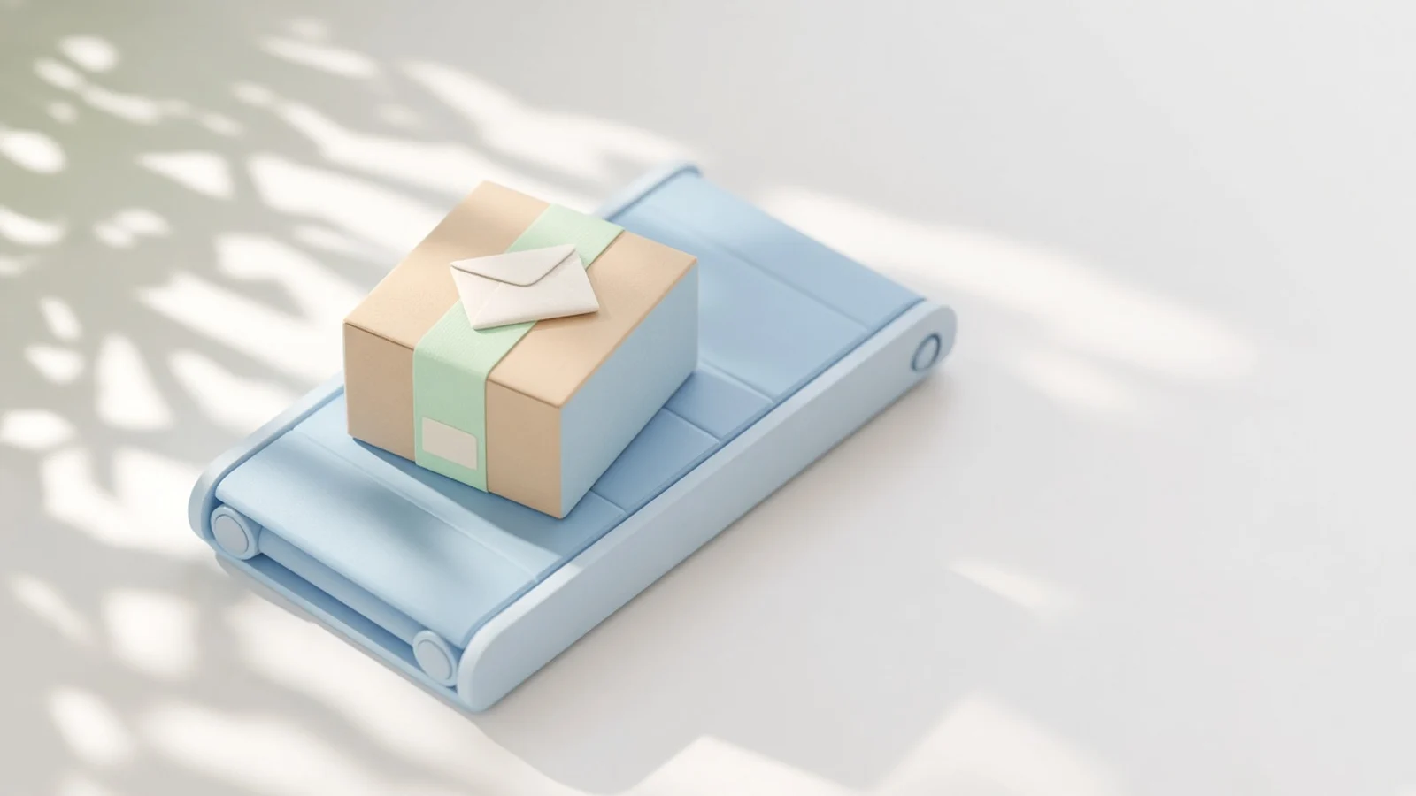 A sealed parcel on a pale blue conveyor with a small unlabeled envelope tucked under its tape, illustrating the LiteLLM supply chain attack: clean source, poisoned release