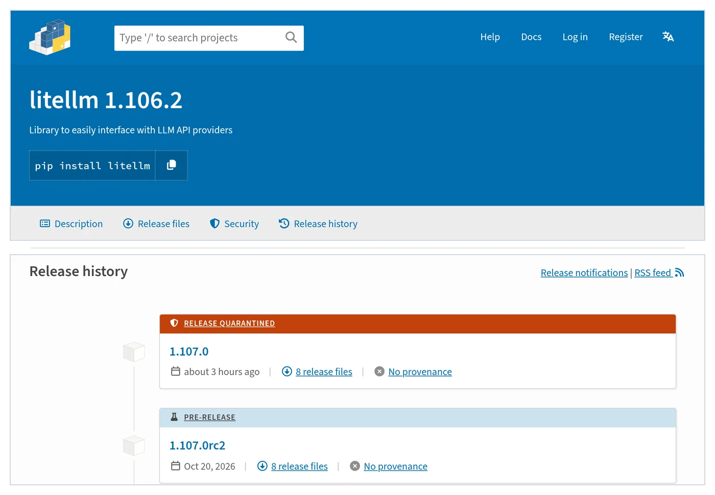 PyPI 页面:litellm 最新版为 1.106.2,1.107.0 标记为 Release Quarantined 且 No provenance,LiteLLM 投毒后的处置结果