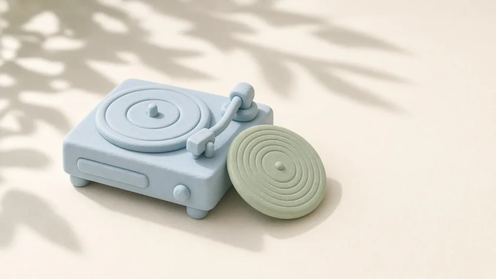 llama.cpp error --model or -hf is required: a pale blue clay record player with an empty turntable and a green clay record waiting beside it, soft light and leaf shadows